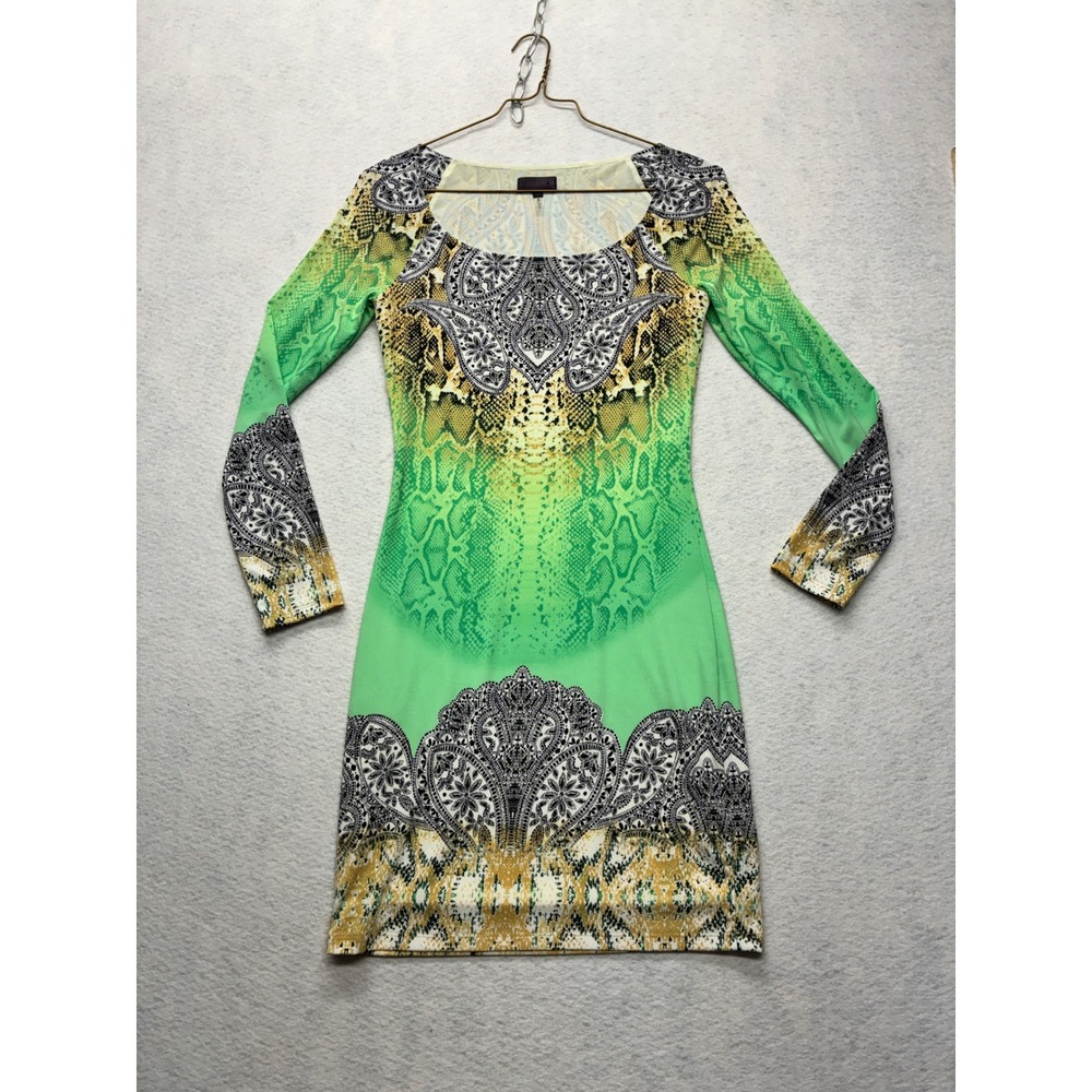Hale Bob Snakeskin Paisley Mini Dress Y2K Boho Chic Long Sleeve S Green